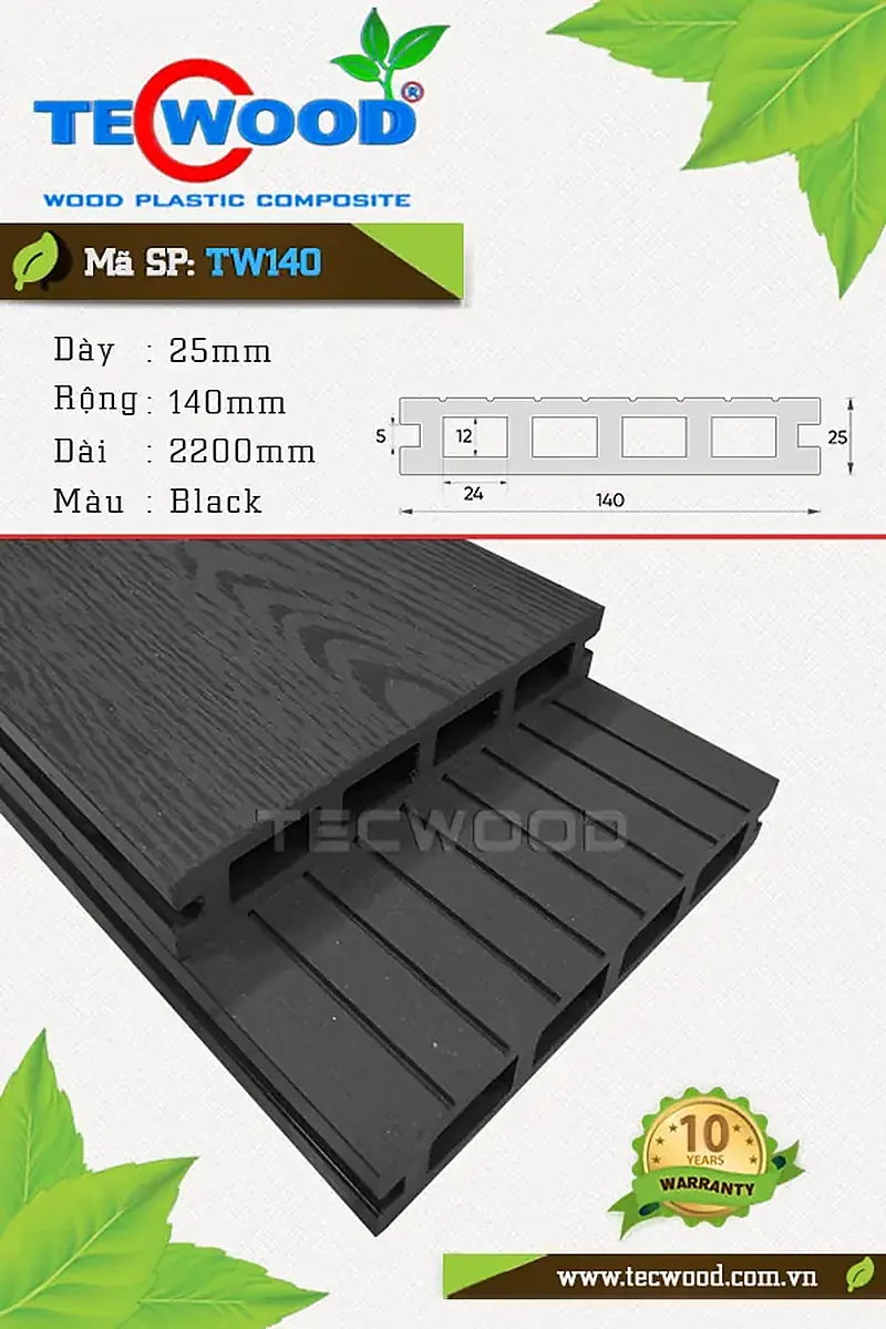 Sàn gỗ nhựa ngoài trời lỗ vuông TecWood TW140 Black