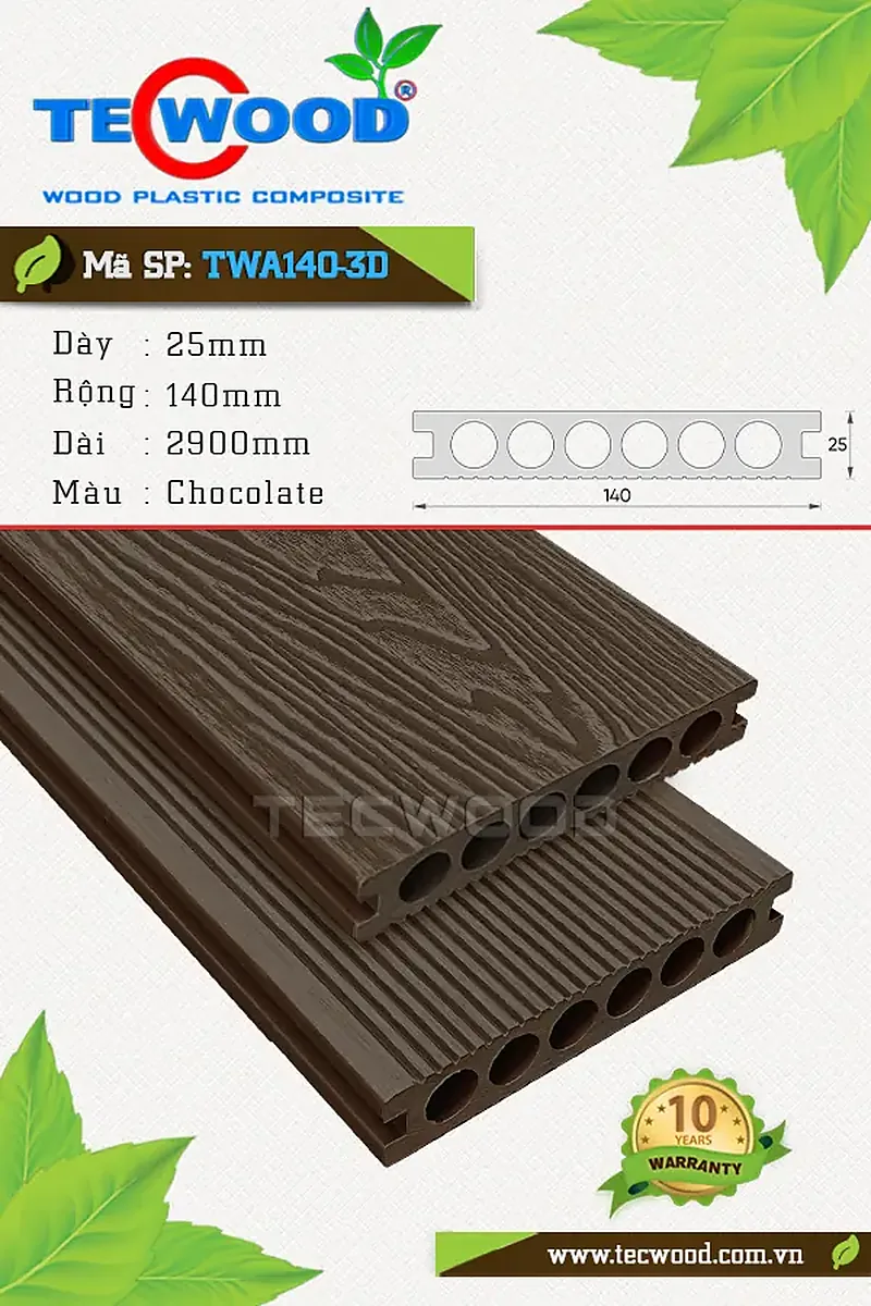 Sàn gỗ ngoài trời TecWood TWA140-3D màu Chocolate